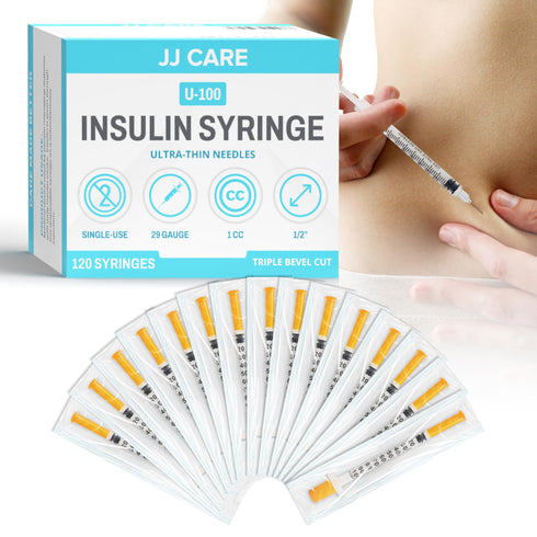 JJ CARE Insulin Syringe (Pack of 120) 1cc/ml 29G 1/2", U-100 Insulin Syringes for Diabetic Management, Ultra Fine Single Use Insulin Needles, Disposable & Sterile Diabetic Syringes, Individually Wrapped